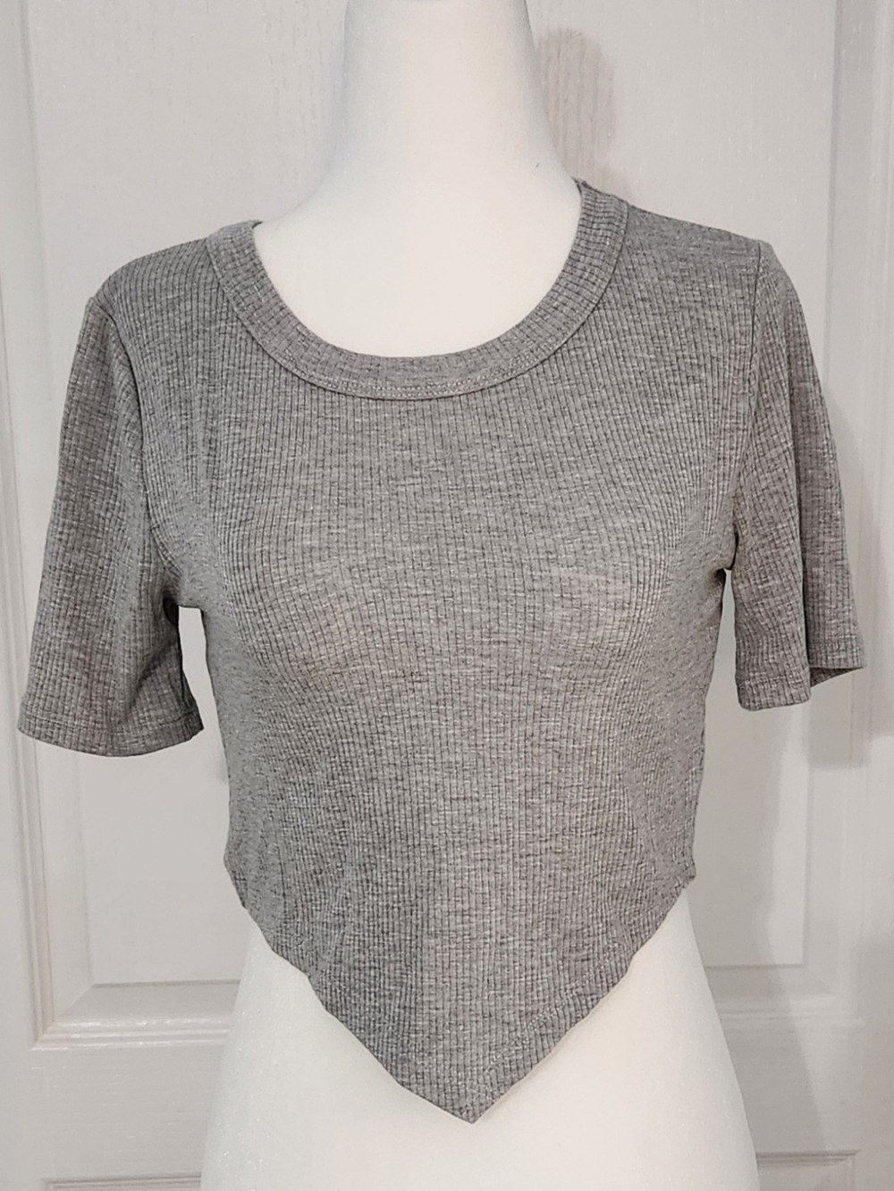 Grey Ribbed Point-Hem Crop Top By Hashttag